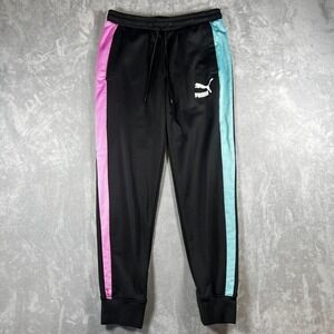 Puma Iconic Mens T7 Track Pants Large Black Pink Teal Joggers Sweatpants